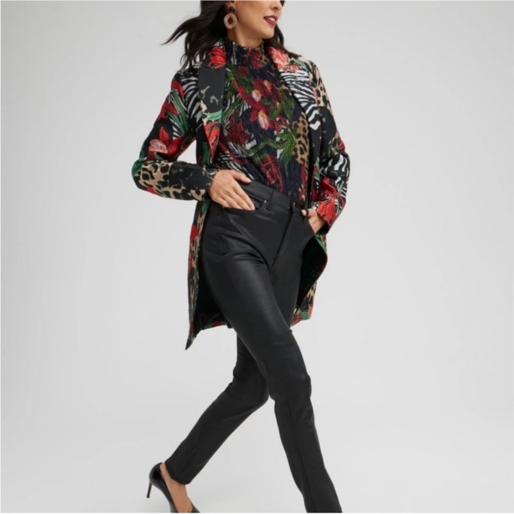 Chico's Multicolor Floral and Animal Print Jacquard Jacket Black Red - Picture 2 of 4